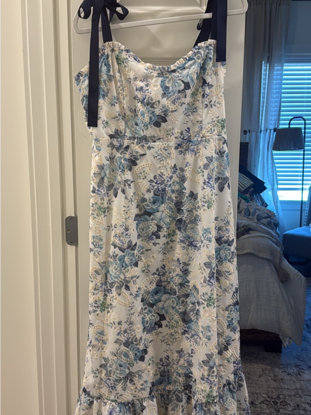 SugarLips Blue Floral Tie-Shoulder Maxi Dress - White & Blue